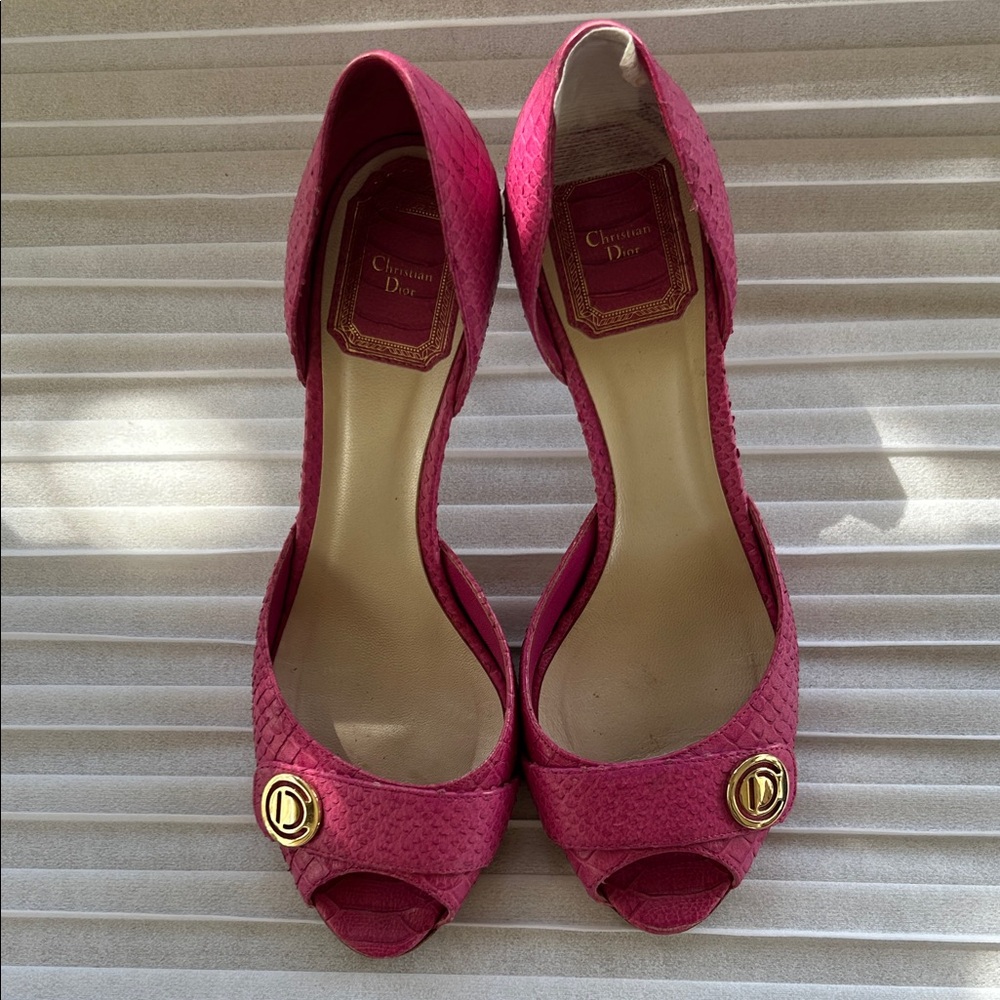 Dior Fuchsia Peep-Toe Heels with Gold Logo